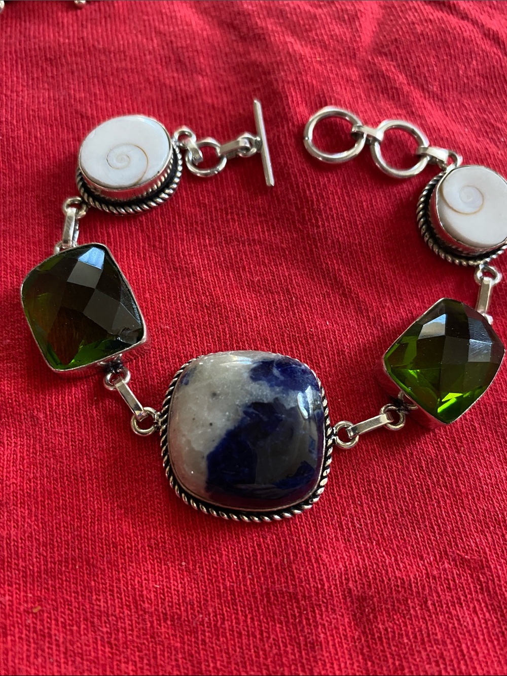 Beautiful Sterling Silver Green & Shiva Shell-Sodalite  8” Bracelet 925